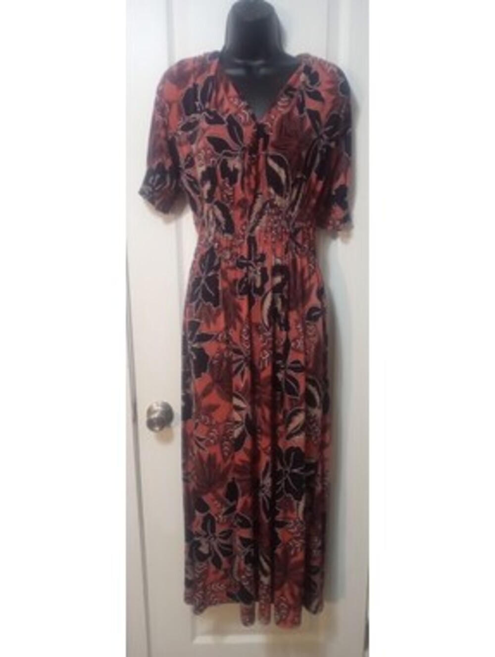 Terracotta Tropical Floral Smocked Waist Maxi Dress L